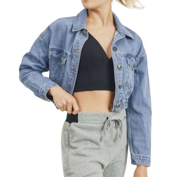 NWT MONO B Cropped Ribbed Hem Denim Jean Jacket M - Picture 7 of 7
